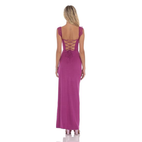 Lucy in the Sky Womens Medium Suede Draped Lace Maxi Dress Magenta Party Club - Picture 2 of 13